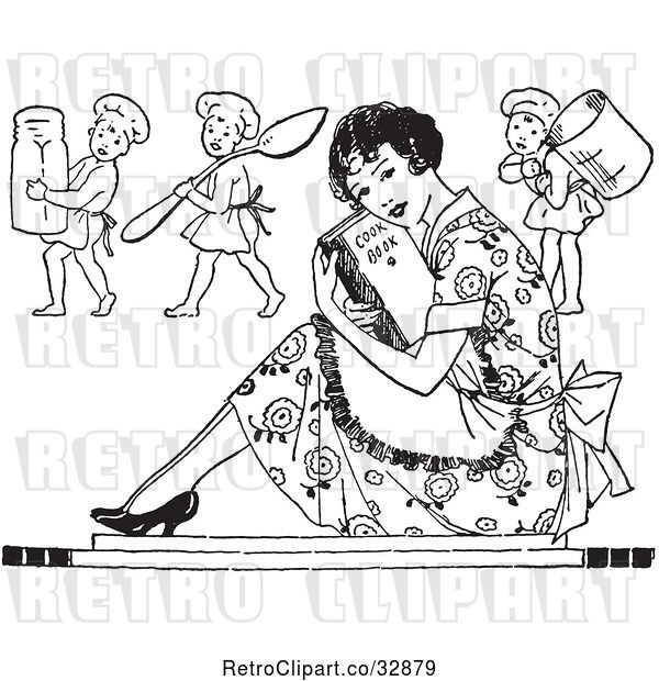 Vector Clip Art of Retro Housewife Sitting with a Cook Book and Cherub Chefs