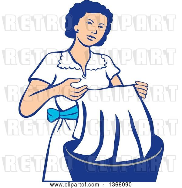 Vector Clip Art of Retro Housewife Washing Laundry in a Basin