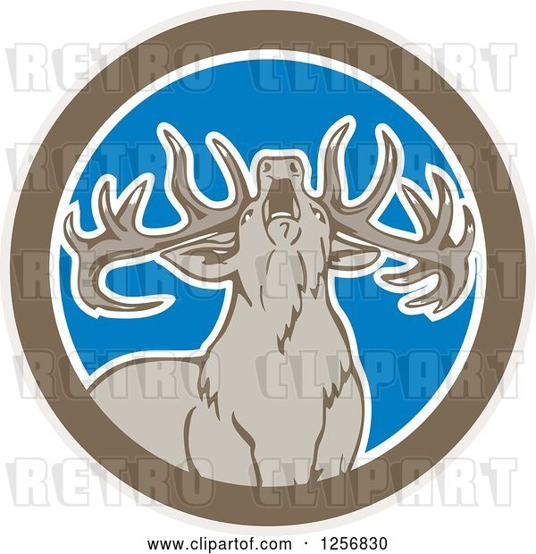Vector Clip Art of Retro Howling Buck Deer in a Brown White and Blue Circle