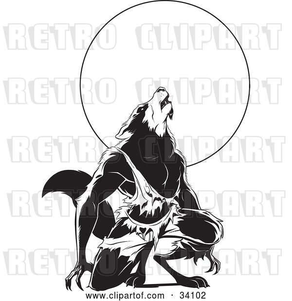 Vector Clip Art of Retro Howling Wolfman in Torn Clothes, Kneeling in Front of a Full Moon