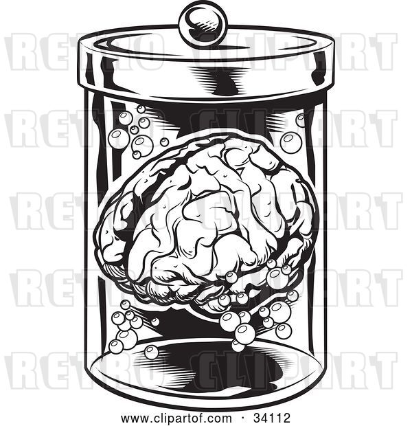 Vector Clip Art of Retro Human Brain and Bubbles Floating in a Specimen Jar in a Research Laboratory