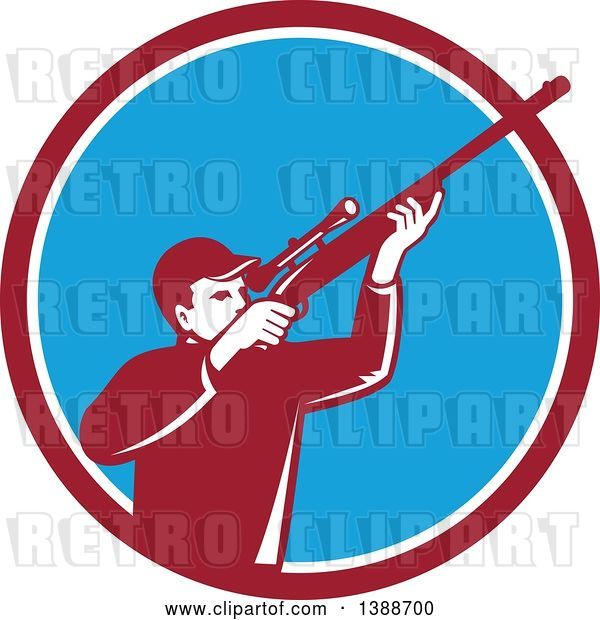 Vector Clip Art of Retro Hunter Aiming a Shotgun in a Maroon White and Blue Circle