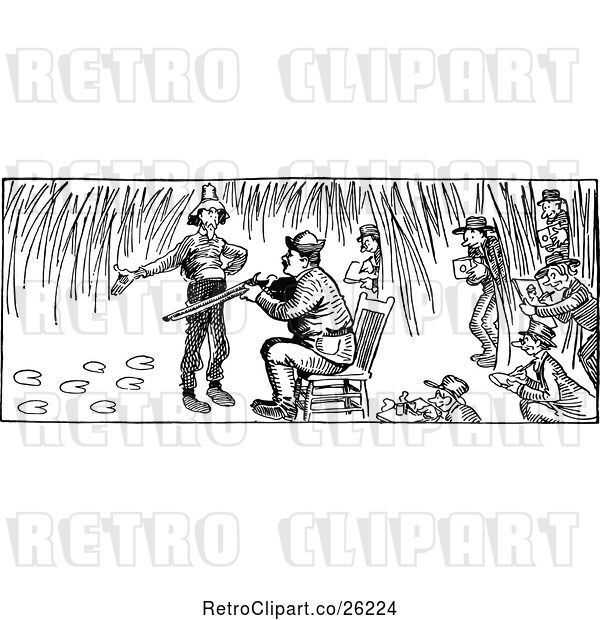Vector Clip Art of Retro Hunter and People Directing Watching and Painting