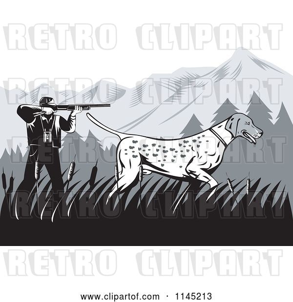 Vector Clip Art of Retro Hunter and Pointer Dog in the Mountains