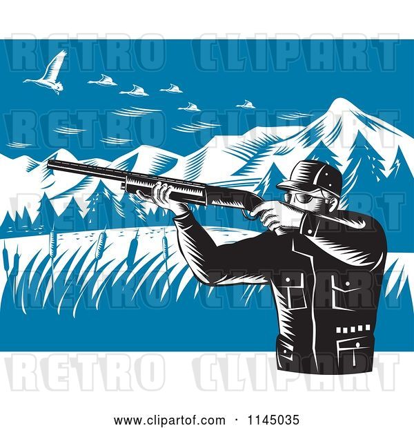 Vector Clip Art of Retro Hunter Holding a Rifle and Aiming at Geese in the Mountains