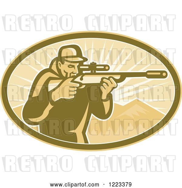 Vector Clip Art of Retro Hunter Looking Through a Rifle Scope in an Oval of Mountains and Rays