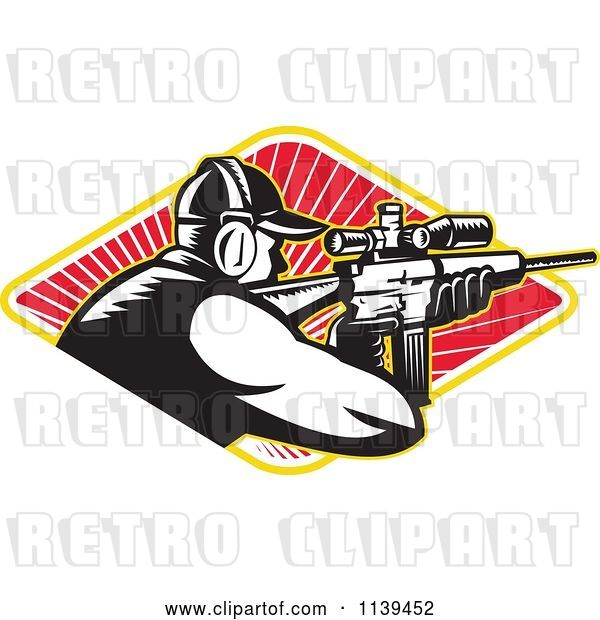 Vector Clip Art of Retro Hunter Shooting a Rifle in a Diamond of Rays