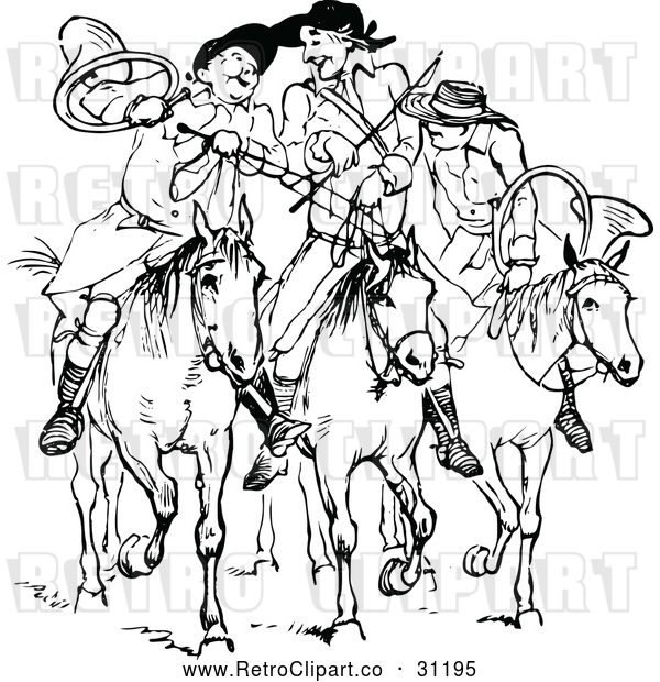 Vector Clip Art of Retro Huntsmen on Horseback