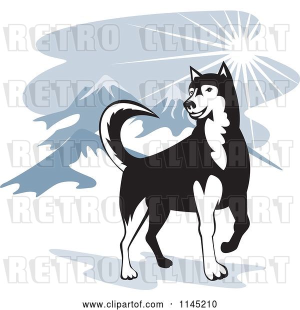 Vector Clip Art of Retro Husky Dog in the Mountains