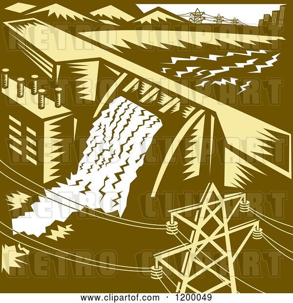 Vector Clip Art of Retro Hydroelectric Dam in Woodcut