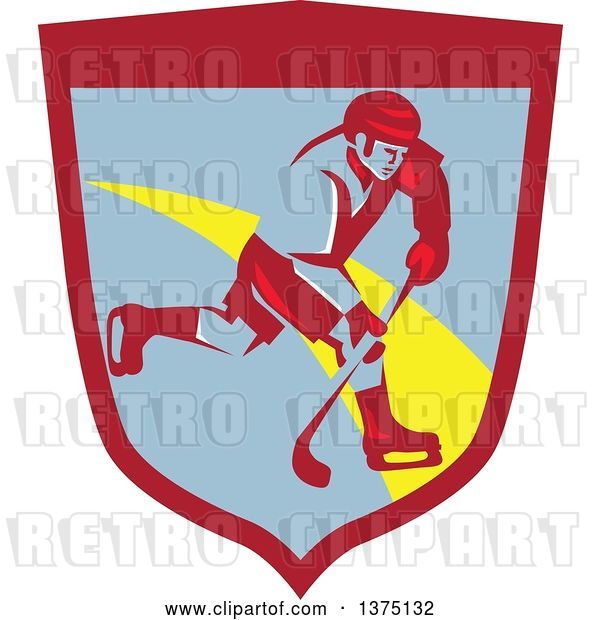 Vector Clip Art of Retro Ice Hockey Player in Action Inside a Shield
