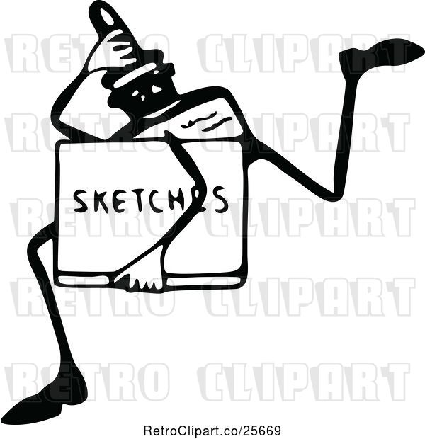 Vector Clip Art of Retro Ink Guy Running with a Sketch Book