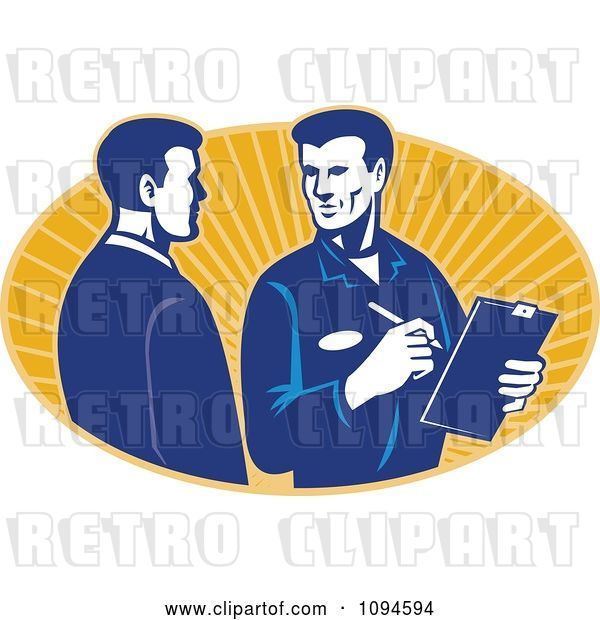 Vector Clip Art of Retro Insurance Adjuster Speaking with a Client over Orange Rays