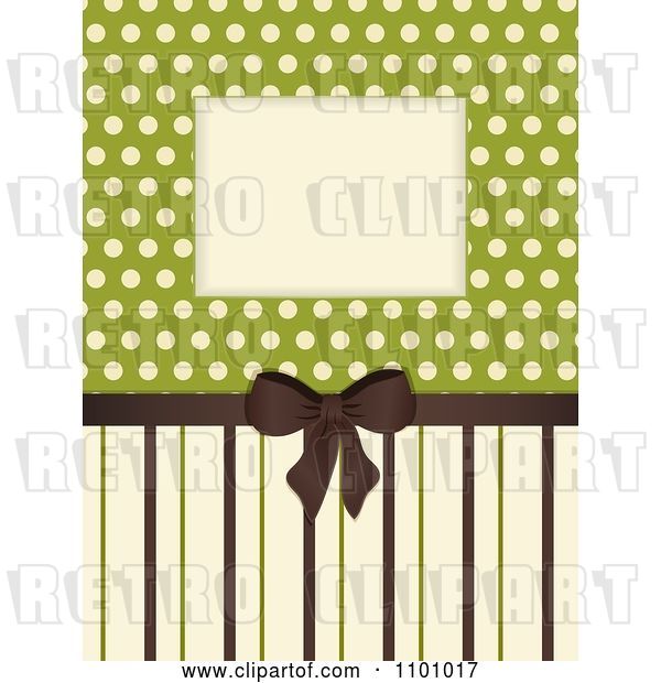 Vector Clip Art of Retro Invitation Background with a Brown Bow and Ribbon over Polkda Dots on Green with Stripes