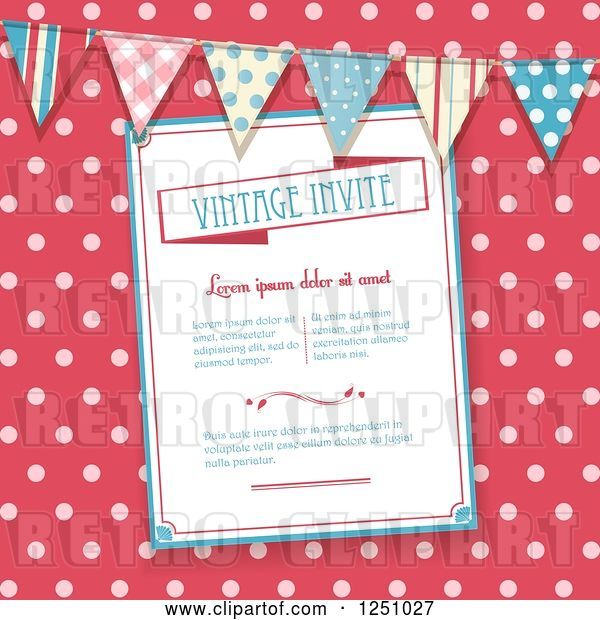Vector Clip Art of Retro Invitation over Pink Polka Dots with a Bunting