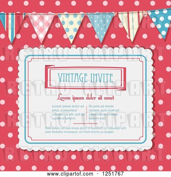 Vector Clip Art of Retro Invitation with Sample Text over Pink Polka Dots with a Bunting