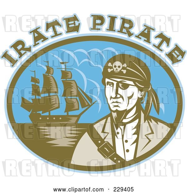 Vector Clip Art of Retro Irate Pirate Text over a Pirate and Ship
