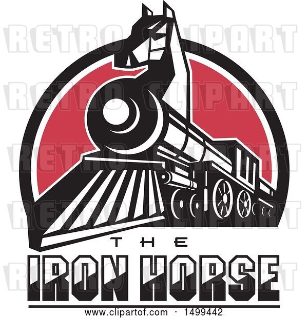 Vector Clip Art of Retro Iron Horse Headed Train in a Red White and Blue Half Circle with Text