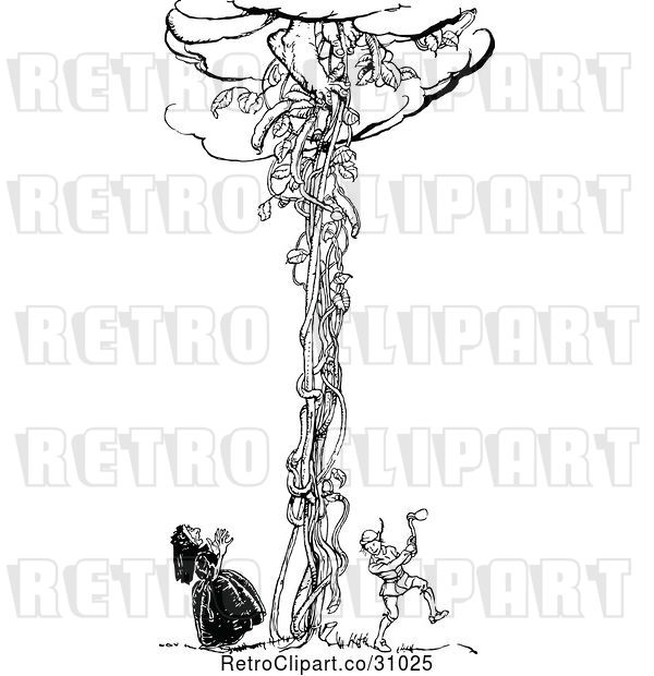Vector Clip Art of Retro Jack Chopping down the Beanstalk As the Giant Descends