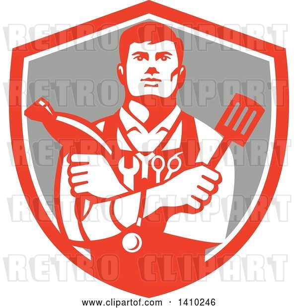 Vector Clip Art of Retro Jack of All Trades Worker Guy Holding a Blow Dryer and Spatula, Wearing a Stethoscope and Tools in a Shield