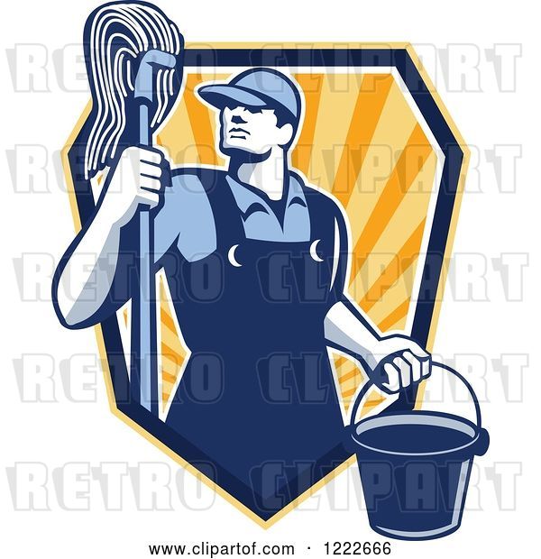 Vector Clip Art of Retro Janitor Guy with a Mop and Bucket Emerging Form a Shield of Rays