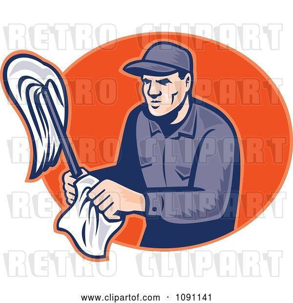 Vector Clip Art of Retro Janitor Holding a Mop and Cloth over an Orange Oval