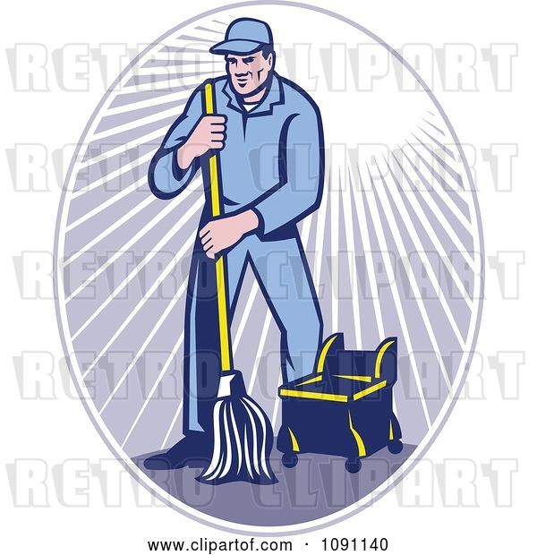 Vector Clip Art of Retro Janitor Using a Mop in a Ray Oval