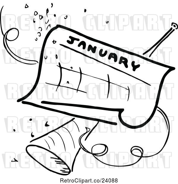 Vector Clip Art of Retro January Calendar with Party Confetti and Horn