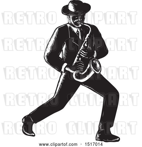 Vector Clip Art of Retro Jazz Musician Playing a Saxophone, in Woodcut