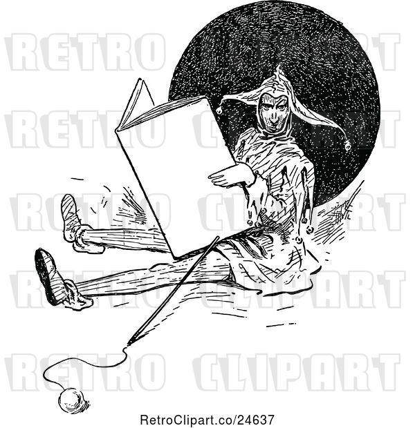 Vector Clip Art of Retro Jester Reading a Large Book