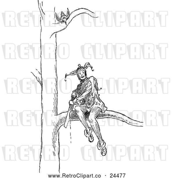 Vector Clip Art of Retro Jester Sitting on a Branch and Sawing It off a Tree