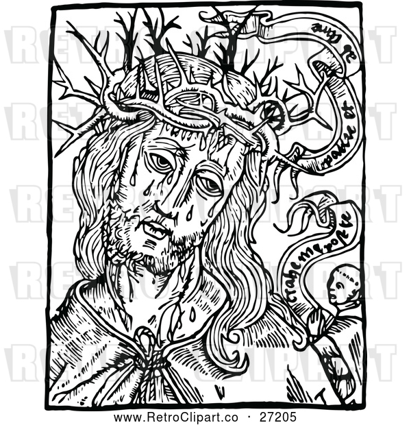 Vector Clip Art of Retro Jesus Christ and Crown of Thorns with a Border