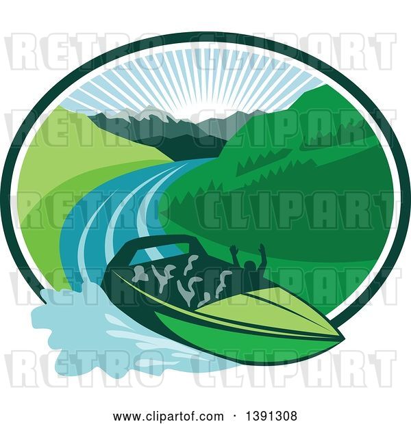 Vector Clip Art of Retro Jet Boat Speeding down a River with a Sunrise and Mountains in the Background Within an Oval