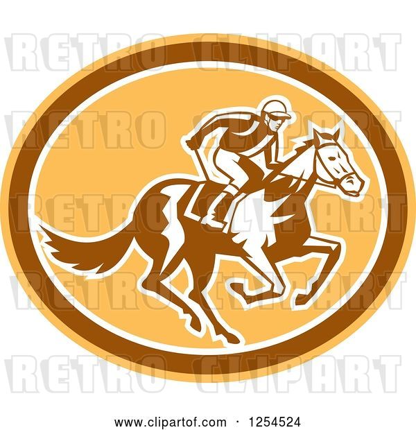 Vector Clip Art of Retro Jockey Racing a Horse in a Brown and Orange Oval