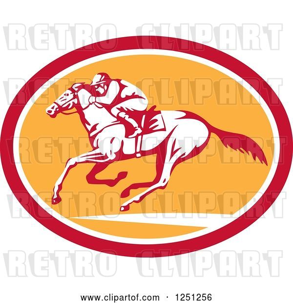 Vector Clip Art of Retro Jockey Racing a Horse in a Red White and Orange Oval