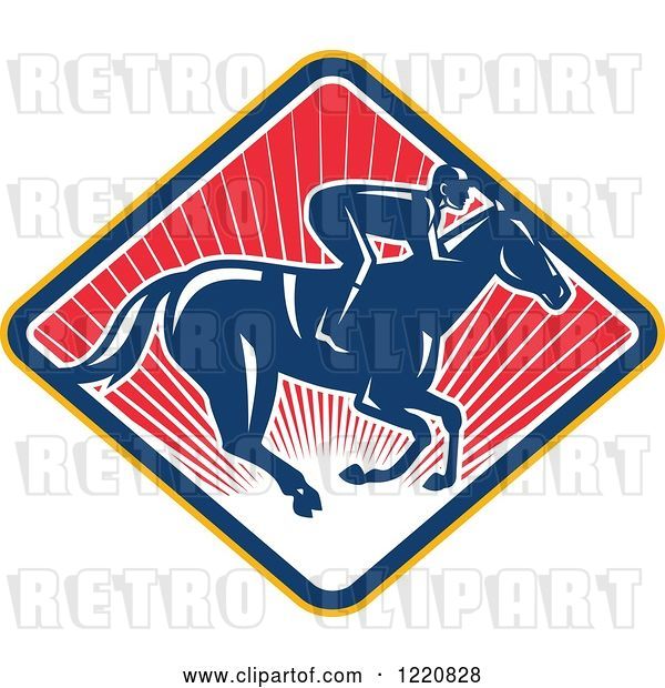 Vector Clip Art of Retro Jockey Racing a Horse on a Diamond of Red Sunshine