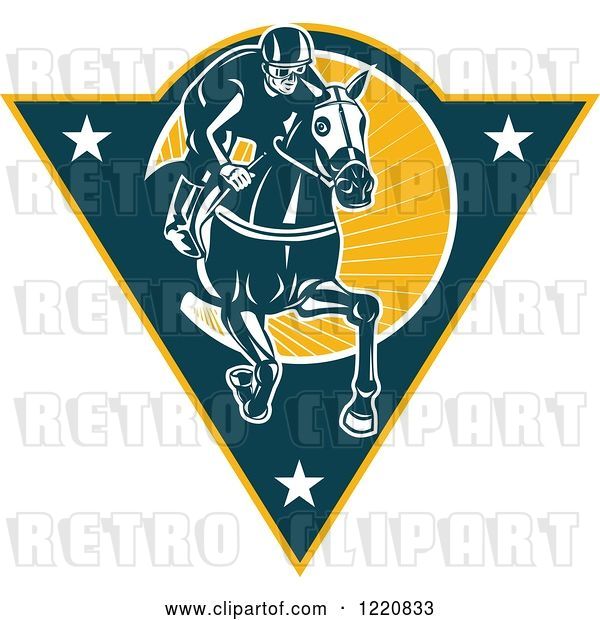 Vector Clip Art of Retro Jockey Racing a Horse on a Triangle with Stars and Sunshine