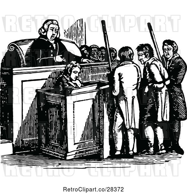 Vector Clip Art of Retro Judge and Men in Court