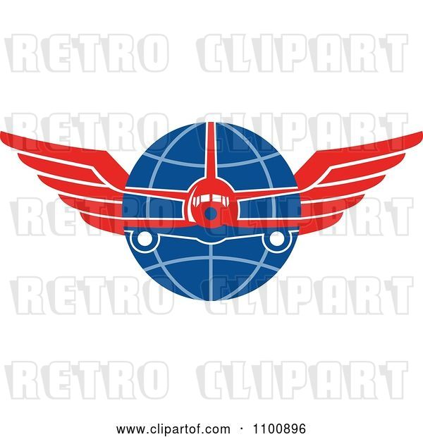Vector Clip Art of Retro Jumbo Jet Airplane over a Grid Globe with Red Wings