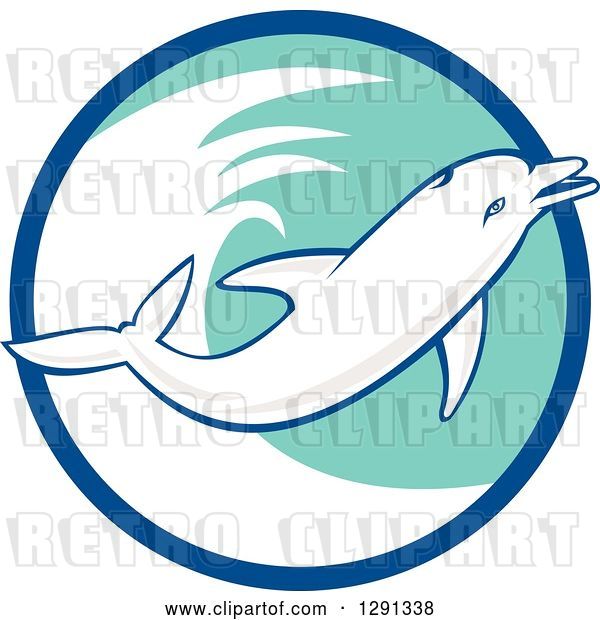 Vector Clip Art of Retro Jumping Dolphin in a Blue White and Turquoise Circle