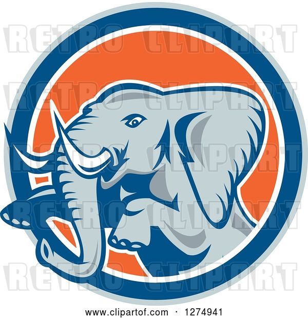 Vector Clip Art of Retro Jumping Elephant in a Gray Blue White and Orange Circle