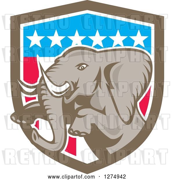 Vector Clip Art of Retro Jumping Elephant in an American Flag Shield