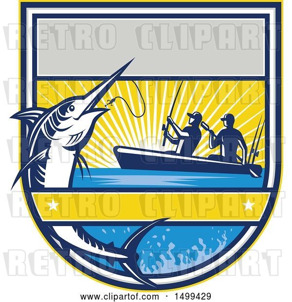 Vector Clip Art of Retro Jumping Marlin Fish Being Reeled in by Two Men Tandem Fishing from a Boat