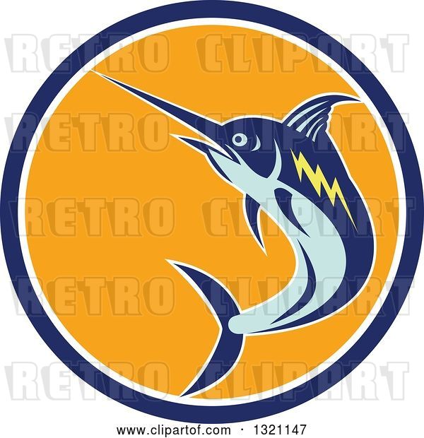 Vector Clip Art of Retro Jumping Marlin Fish in a Blue White and Orange Circle