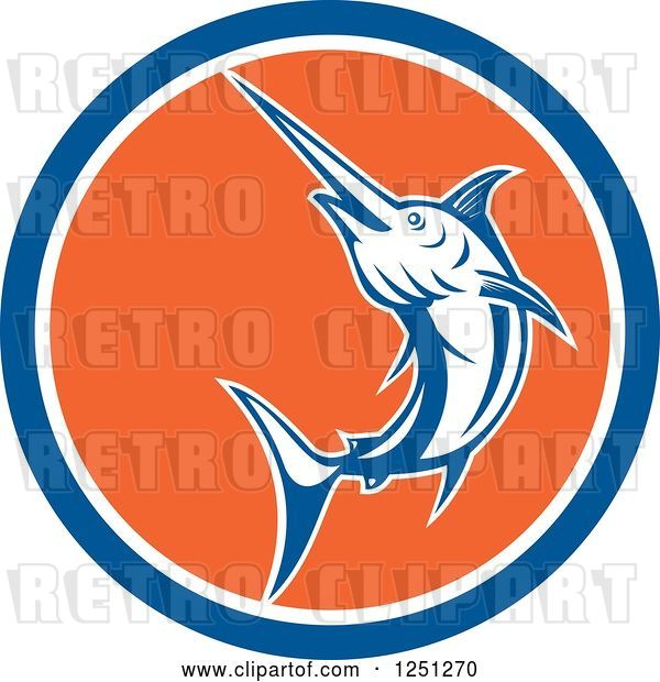 Vector Clip Art of Retro Jumping Swordfish in a Blue White and Orange Circle