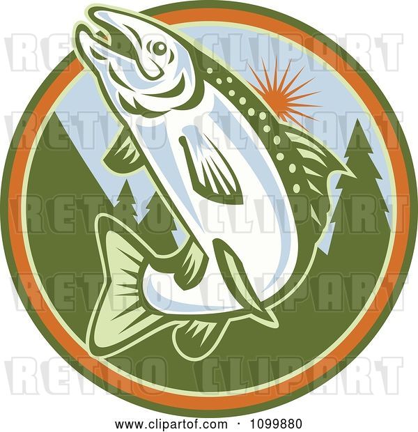 Vector Clip Art of Retro Jumping Trout Fish Against a Tree and Sun Circle