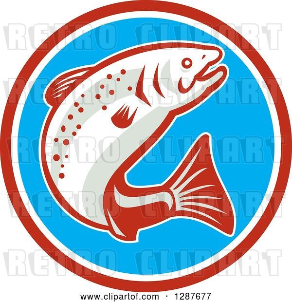 Vector Clip Art of Retro Jumping Trout Fish in a Red White and Blue Circle