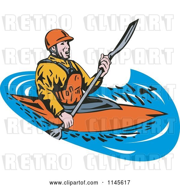Vector Clip Art of Retro Kayaker Paddling 2
