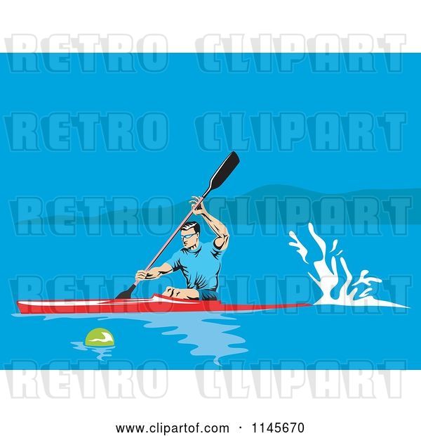 Vector Clip Art of Retro Kayaker Paddling on a Lake