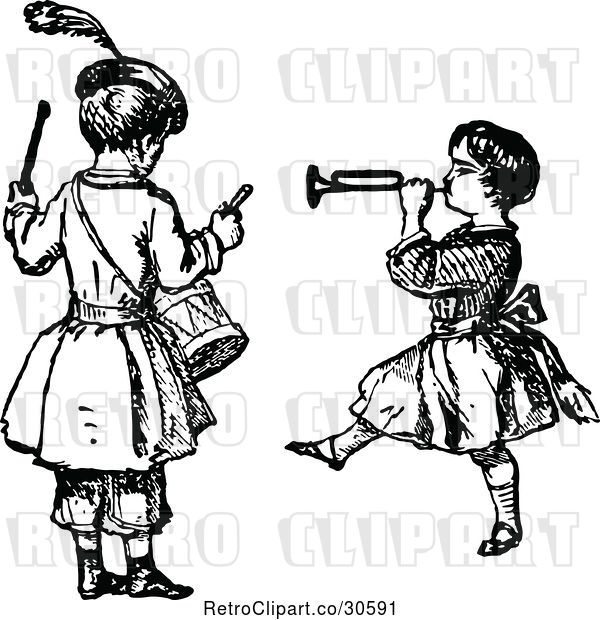 Vector Clip Art of Retro KChildren Playing the Drums and a Horn